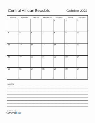 Current month calendar with Central African Republic holidays for October 2026