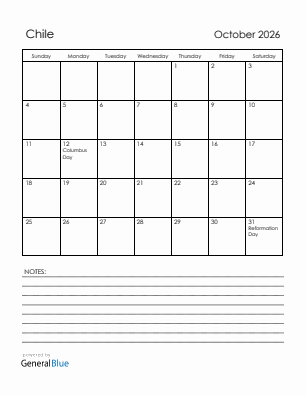 Current month calendar with Chile holidays for October 2026