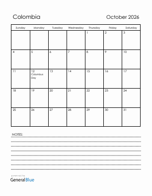 Current month calendar with Colombia holidays for October 2026