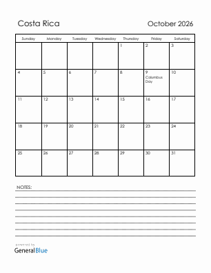 Current month calendar with Costa Rica holidays for October 2026