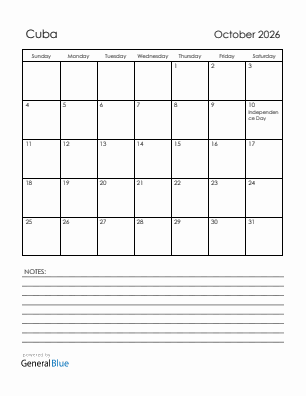 Current month calendar with Cuba holidays for October 2026