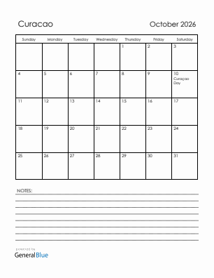 Current month calendar with Curacao holidays for October 2026
