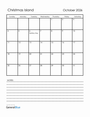 Current month calendar with Christmas Island holidays for October 2026
