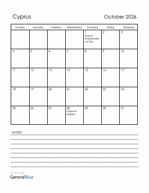 Current month calendar with Cyprus holidays for October 2026