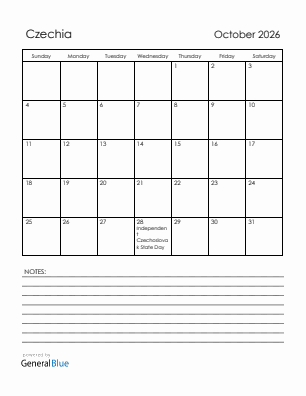 Current month calendar with Czechia holidays for October 2026