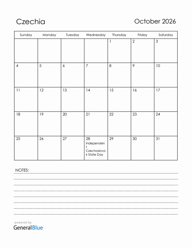 October 2026 Czechia Calendar with Holidays (Sunday Start)