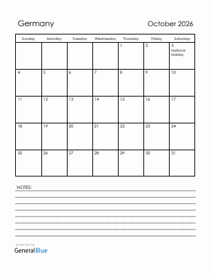 Current month calendar with Germany holidays for October 2026