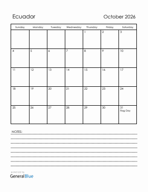Current month calendar with Ecuador holidays for October 2026