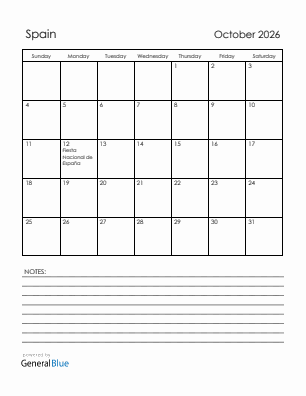 Current month calendar with Spain holidays for October 2026