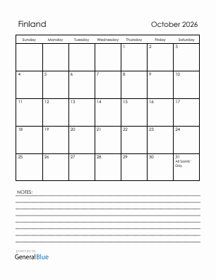 Current month calendar with Finland holidays for October 2026