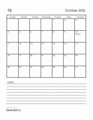 Current month calendar with Fiji holidays for October 2026