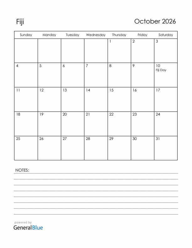 October 2026 Fiji Calendar with Holidays (Sunday Start)