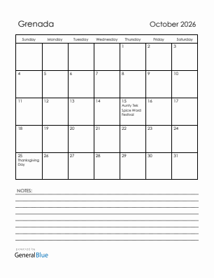Current month calendar with Grenada holidays for October 2026