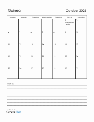 Current month calendar with Guinea holidays for October 2026