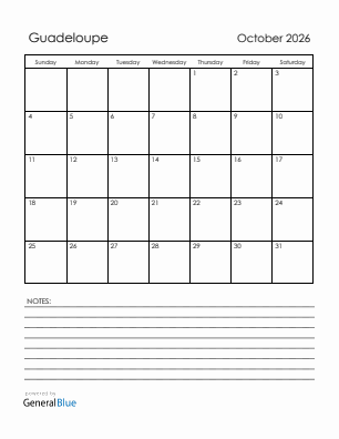 Current month calendar with Guadeloupe holidays for October 2026