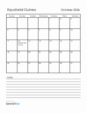 Current month calendar with Equatorial Guinea holidays for October 2026