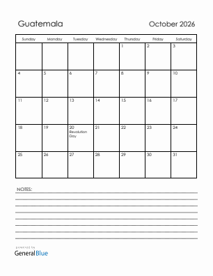 Current month calendar with Guatemala holidays for October 2026