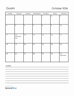 Current month calendar with Guam holidays for October 2026