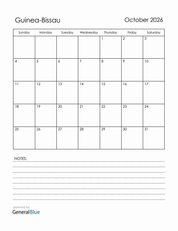 October 2026 Guinea-Bissau Calendar with Holidays (Sunday Start)