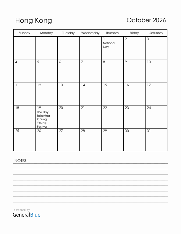 October 2026 Hong Kong Calendar with Holidays (Sunday Start)