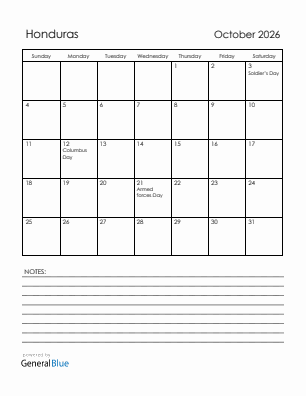 Current month calendar with Honduras holidays for October 2026