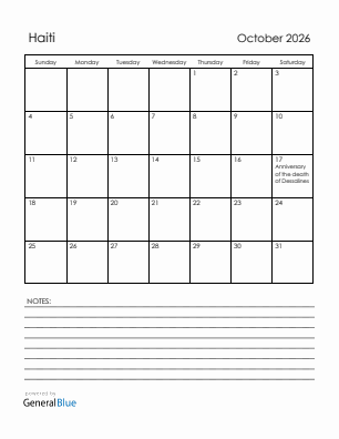 Current month calendar with Haiti holidays for October 2026