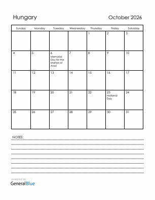 Current month calendar with Hungary holidays for October 2026