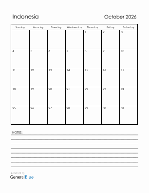 Current month calendar with Indonesia holidays for October 2026