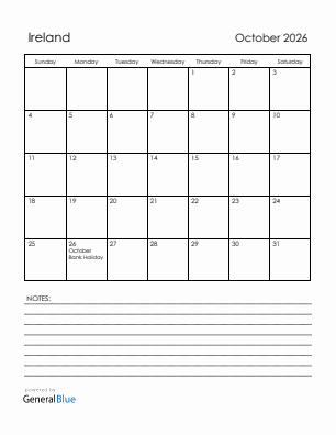 Current month calendar with Ireland holidays for October 2026