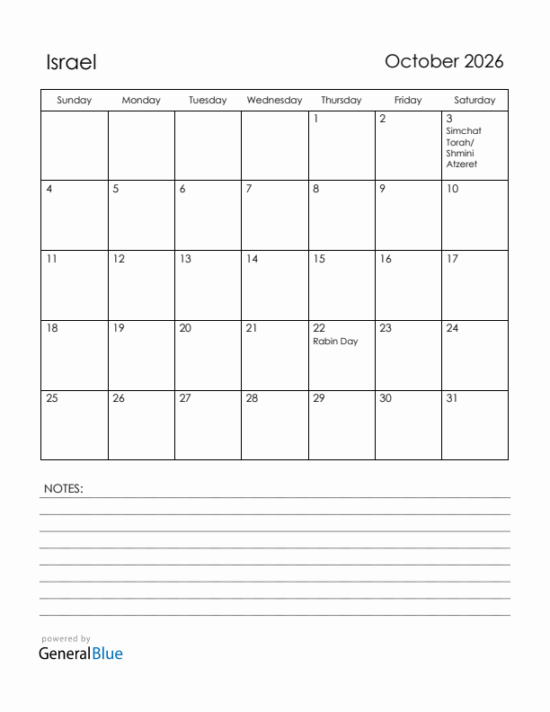 October 2026 Israel Calendar with Holidays (Sunday Start)