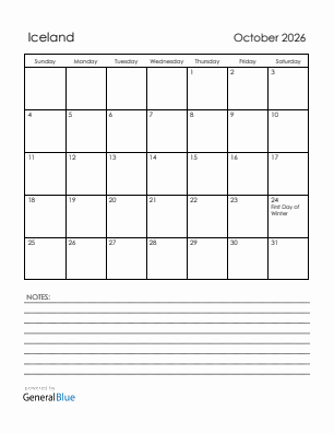 Current month calendar with Iceland holidays for October 2026