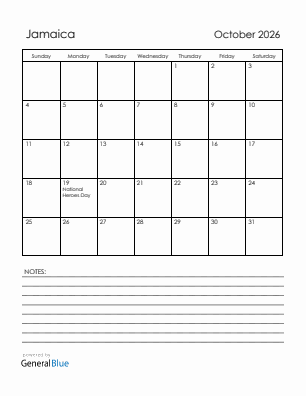 Current month calendar with Jamaica holidays for October 2026