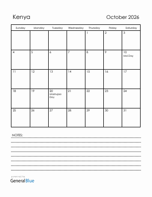 Current month calendar with Kenya holidays for October 2026