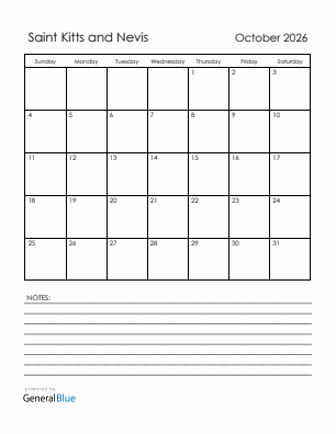 Current month calendar with Saint Kitts and Nevis holidays for October 2026