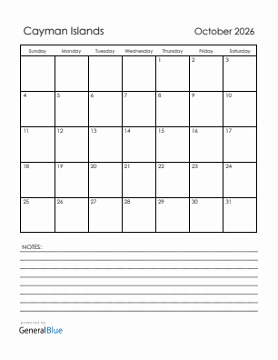 Current month calendar with Cayman Islands holidays for October 2026