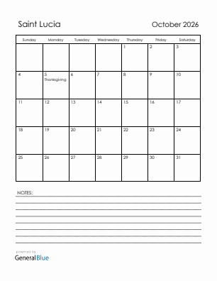 Current month calendar with Saint Lucia holidays for October 2026