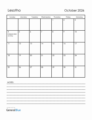 Current month calendar with Lesotho holidays for October 2026