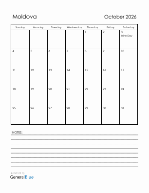 Current month calendar with Moldova holidays for October 2026