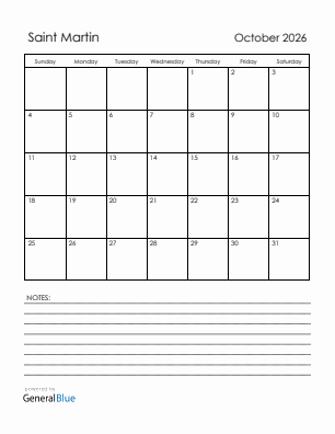 Current month calendar with Saint Martin holidays for October 2026