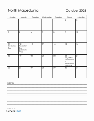 Current month calendar with North Macedonia holidays for October 2026