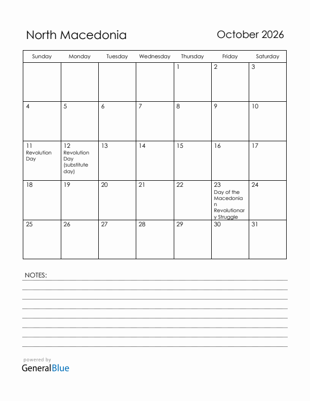 October 2026 North Macedonia Calendar with Holidays (Sunday Start)