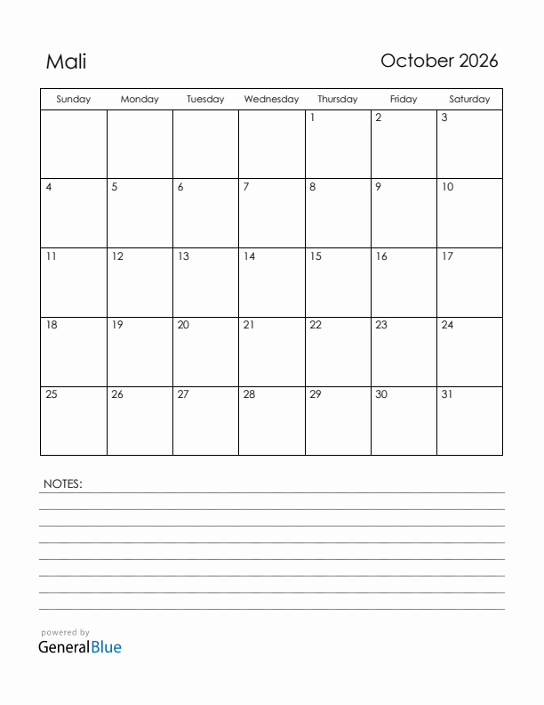 October 2026 Mali Calendar with Holidays (Sunday Start)