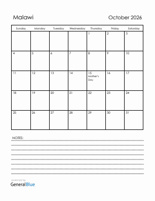 Current month calendar with Malawi holidays for October 2026