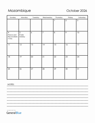 Current month calendar with Mozambique holidays for October 2026