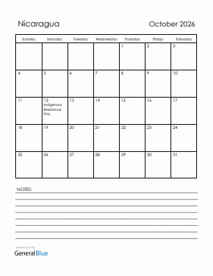 Current month calendar with Nicaragua holidays for October 2026