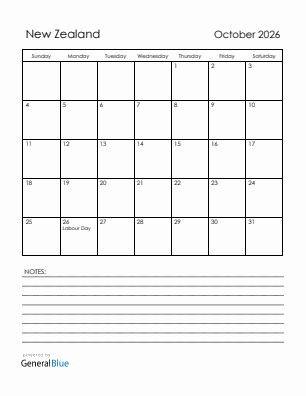 Current month calendar with New Zealand holidays for October 2026