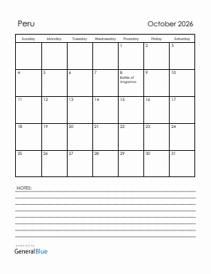 Current month calendar with Peru holidays for October 2026
