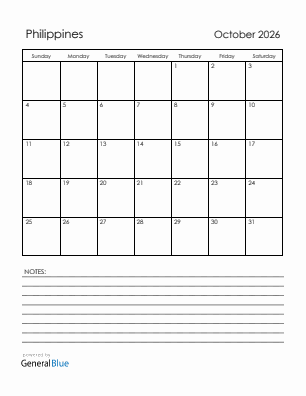 Current month calendar with Philippines holidays for October 2026