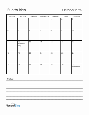 Current month calendar with Puerto Rico holidays for October 2026