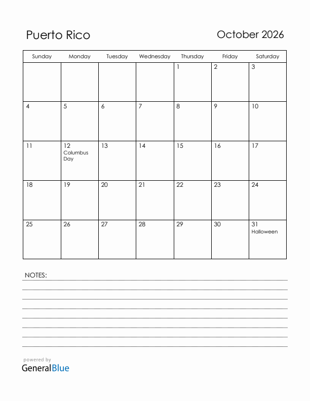 October 2026 Puerto Rico Calendar with Holidays (Sunday Start)